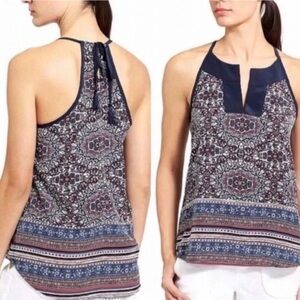 Athleta Boho Halter Tank Top Small Navy Red Paisley Tassel Back Festival Summer